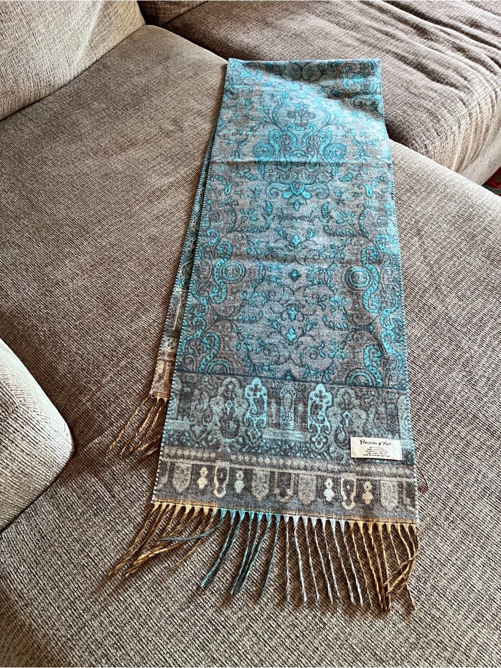 Paisley-Patterned Blue Gray Scarf